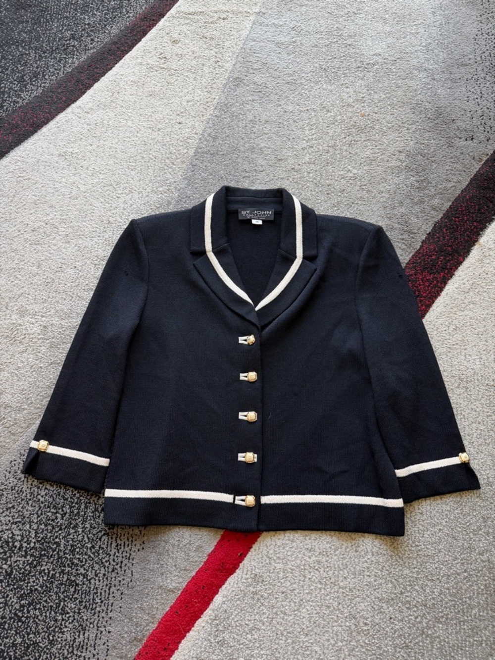St. John Collection Black Santana Knit Nautical Blazer with Cream Trim